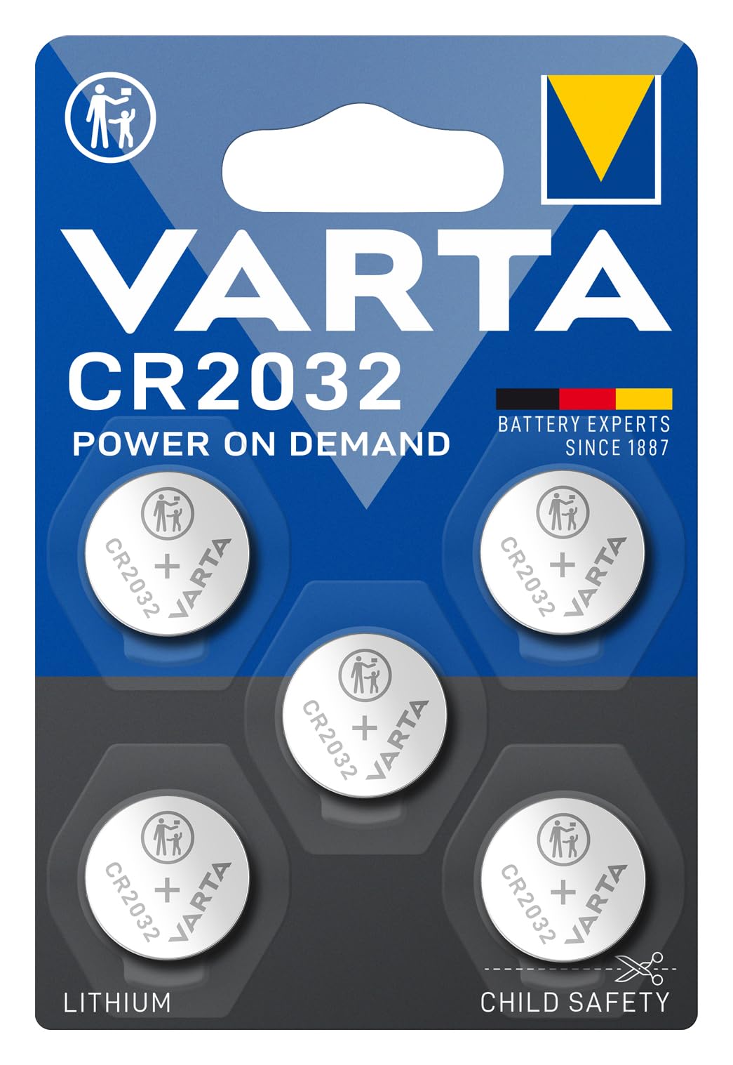 VARTA Batterijen Knoopcel CR2032, verpakking van 5, Power on Demand, Lithium Coin, 3V, kindveilige verpakking, voor kleine elektronische apparaten - horloges, autosleutels [Exclusief bij Amazon] - NLMAX