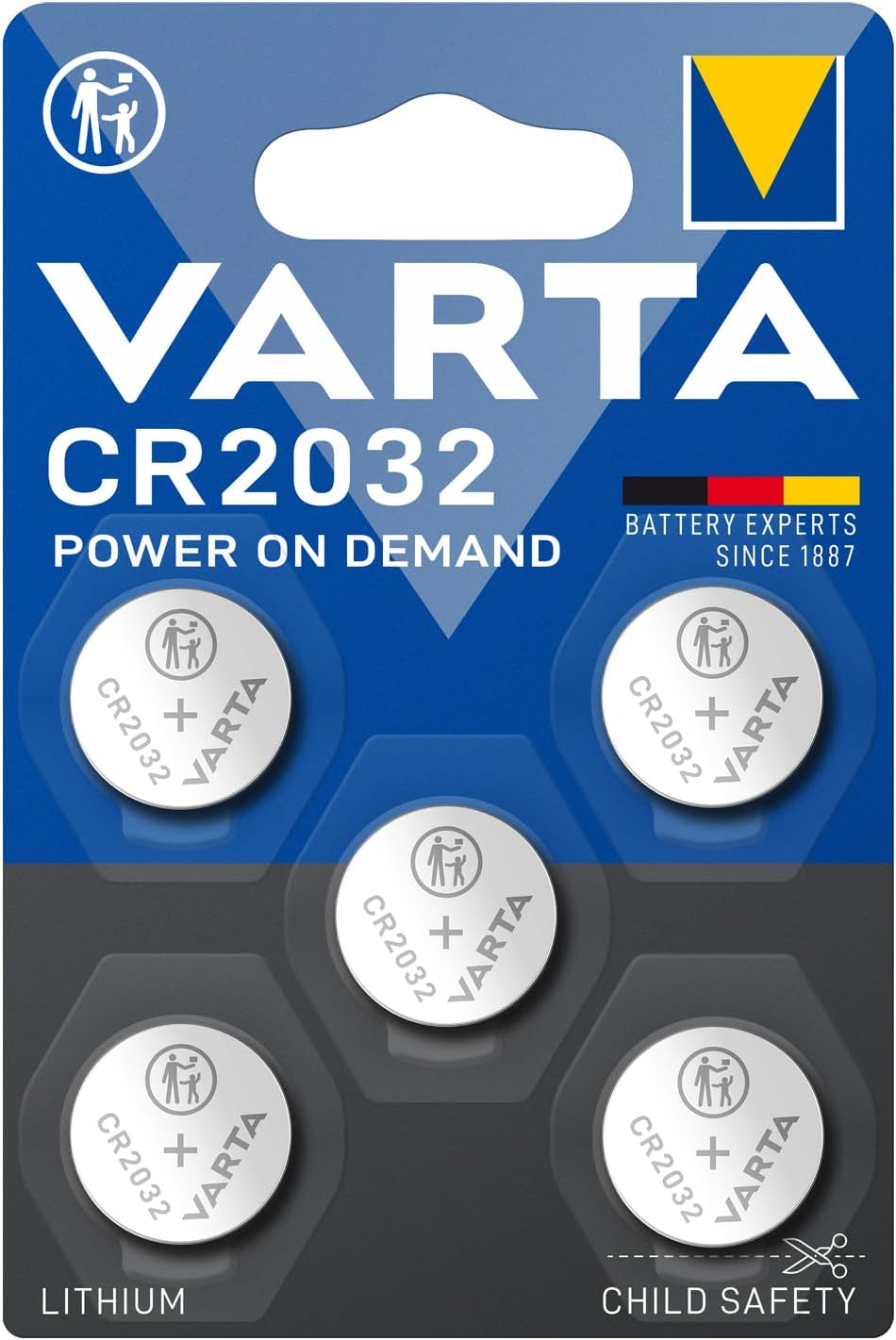 VARTA Batterijen Knoopcel CR2032, verpakking van 5, Power on Demand, Lithium Coin, 3V, kindveilige verpakking, voor kleine elektronische apparaten - horloges, autosleutels [Exclusief bij Amazon] - NLMAX