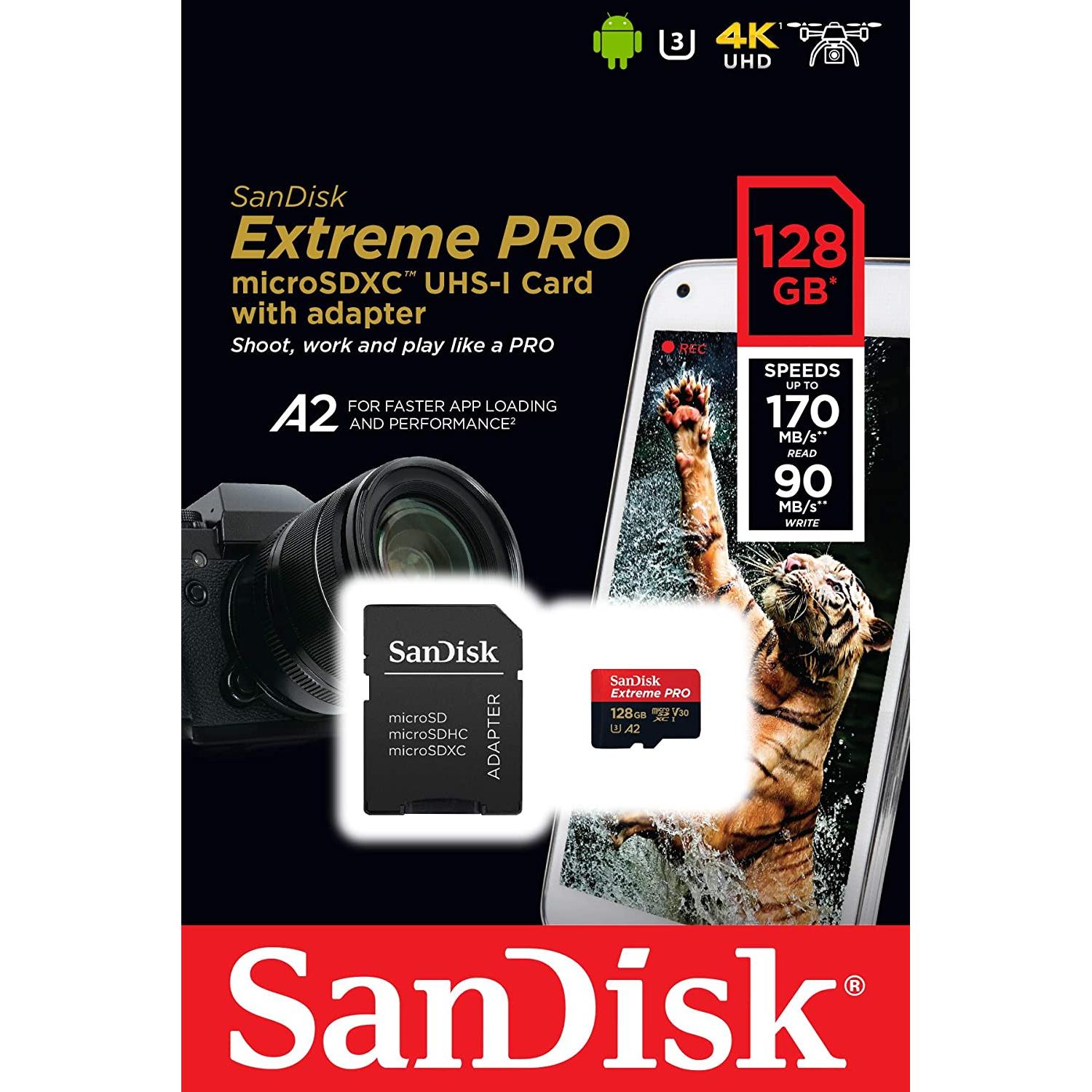 SanDisk Extreme PRO 128 GB MicroSDXC UHS‐I‐Kaart + SD-Adapter en A2 App Performance Software, Leessnelheden Tot 200 MB/s, Class 10, UHS-I, U3, V30 - NLMAX