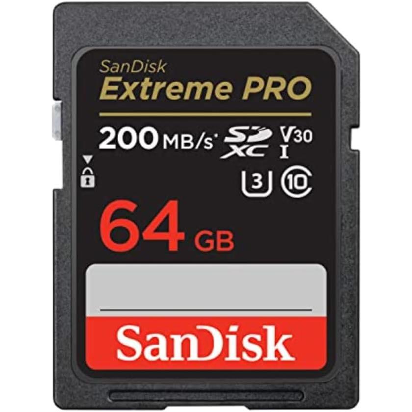 SanDisk Extreme PRO SDXC UHS‐I‐Kaart 64 GB (4K UHD, Leessnelheden Tot 200 MB/s, Class 10, UHS-I, U3, V30, 2 Jaar RescruePRO Deluxe Software, Levenslange Beperkte Garantie) Zwart - NLMAX